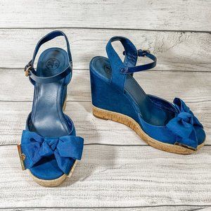 Tory Burch Penny Blue Bow Wedge Sandals Size 9M